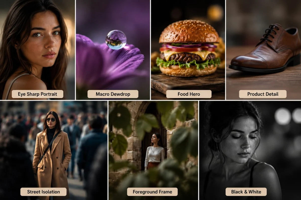 Collage showing 7 methods that actually work for shallow depth of field - portrait, macro, food, product, street, foreground, BW