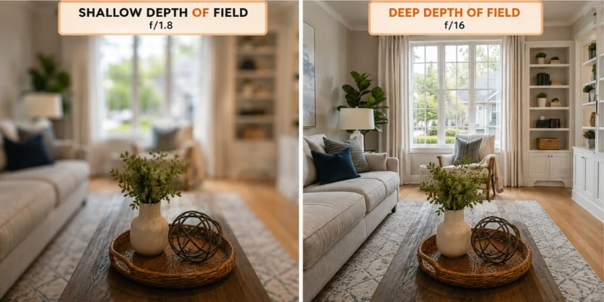 Comparison showing what is the opposite of shallow depth of field - deep depth of field f/16 vs shallow f/1.8 in living room