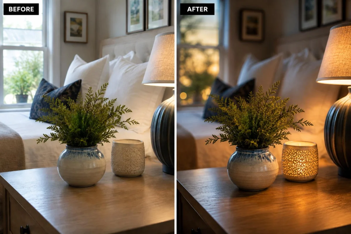 Before and after editing and retouching to create shallow depth of field with warm ambient glow in bedroom decor