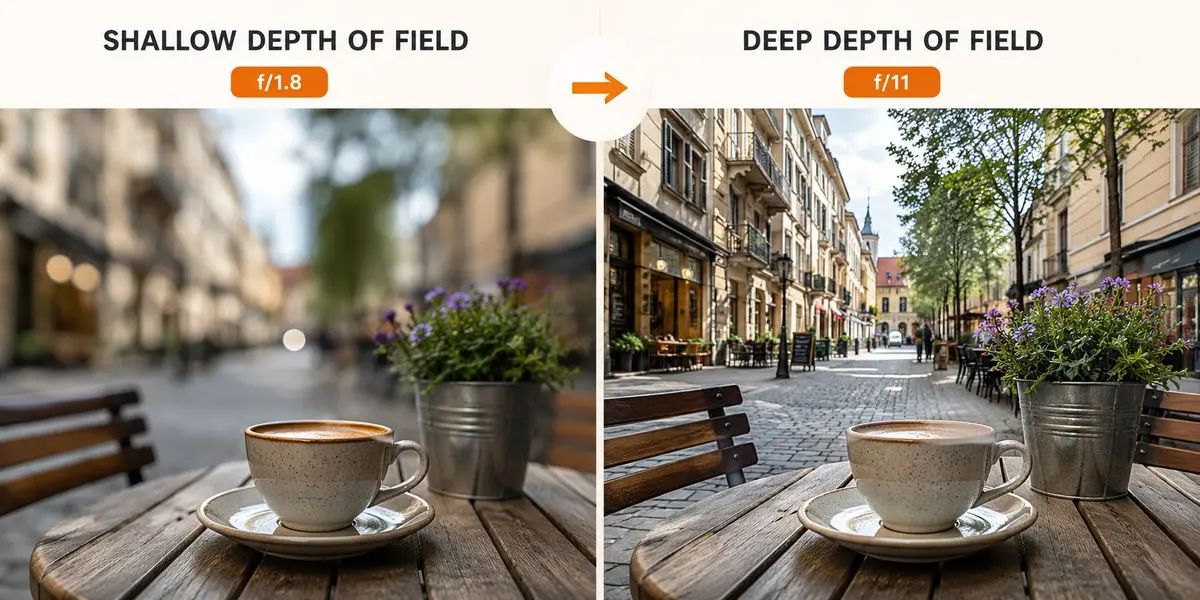 Side-by-side comparison of deep or shallow depth of field - f/1.8 with blurred background vs f/11 with sharp background