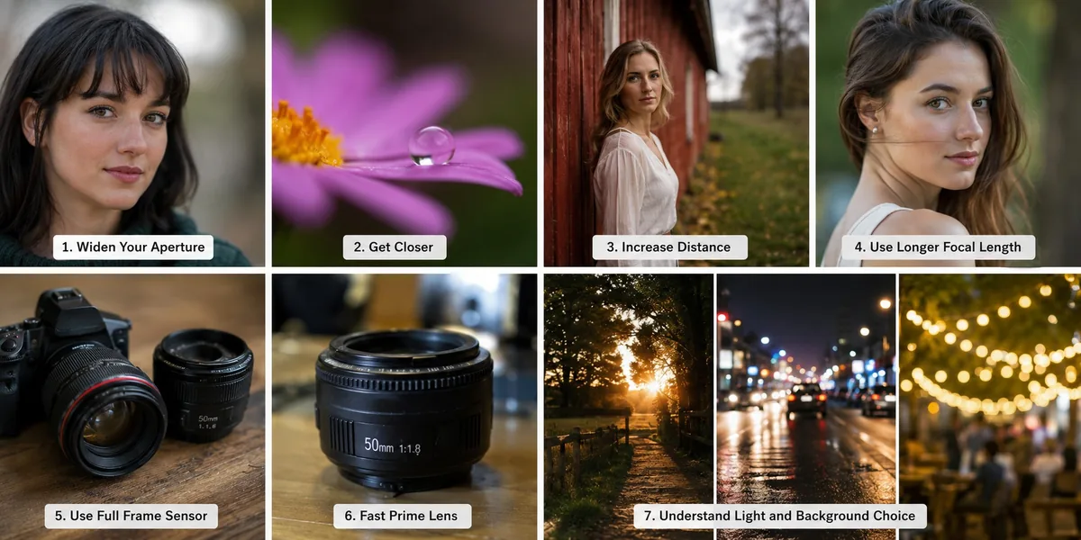 Collage showing 7 methods that actually work for shallow depth of field - aperture, distance, focal length, lens