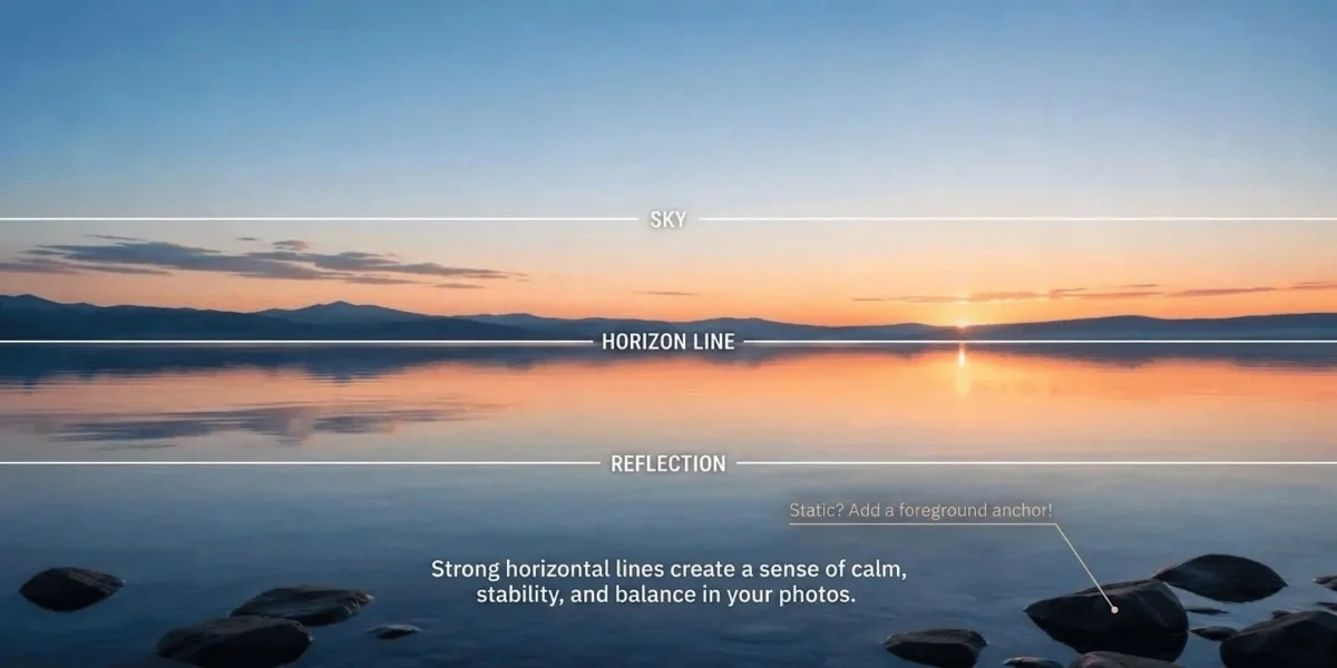 Sunset lake illustrating horizontal lines in photography with sky, horizon line and water reflection