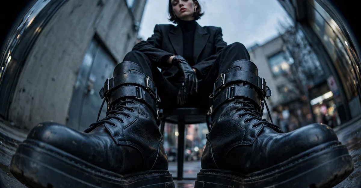 Low-angle fisheye shot with oversized boots in foreground showing altered or distorted proportion in photography