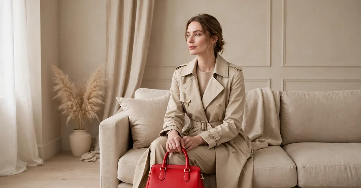 Woman in beige trench coat with red handbag on neutral sofa showing color and light proportion in photography