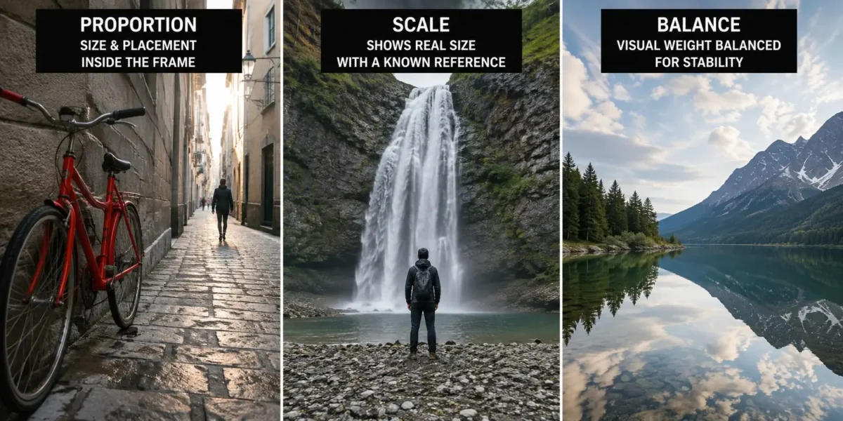 Three-panel comparison of proportion vs scale vs balance in photography - bicycle in alley, person at waterfall, and balanced lake reflection