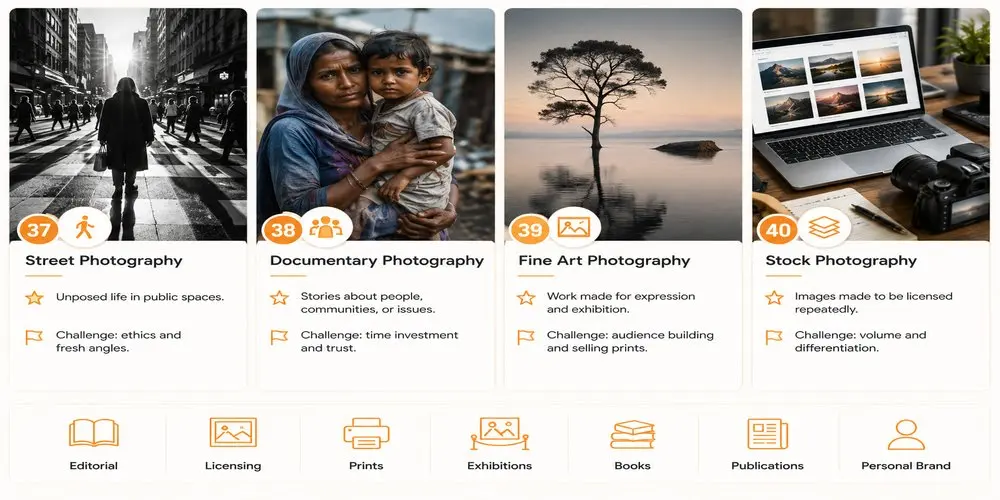 Creative, Documentary & Specialized Work infographic showing 4 Photography Niches - street, documentary, fine art and stock photography with uses and challenges