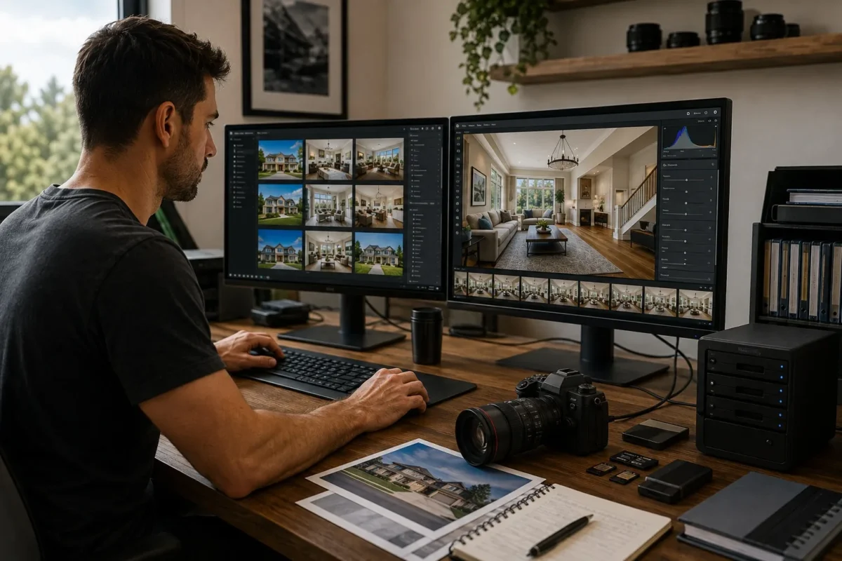 How to Start a Photography Blog - photographer editing real estate photos on dual monitors as photography business grows