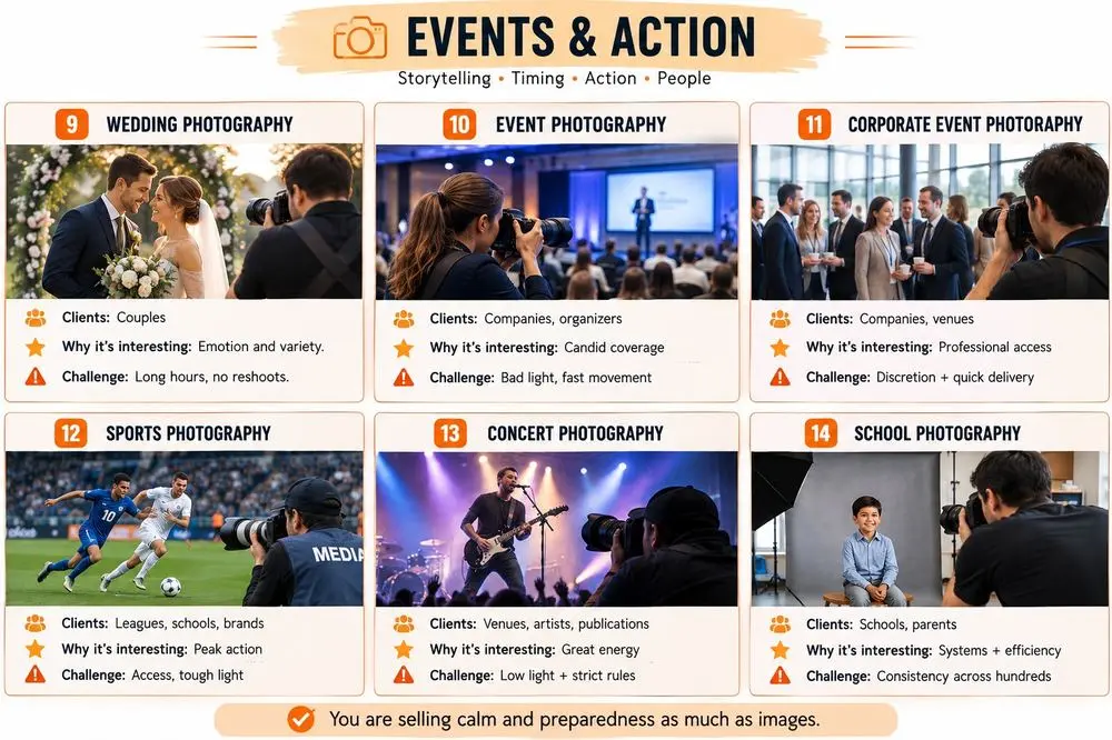 Events & Action infographic showing 6 Photography Niches - wedding, event, corporate event, sports, concert and school photography with clients and challenges