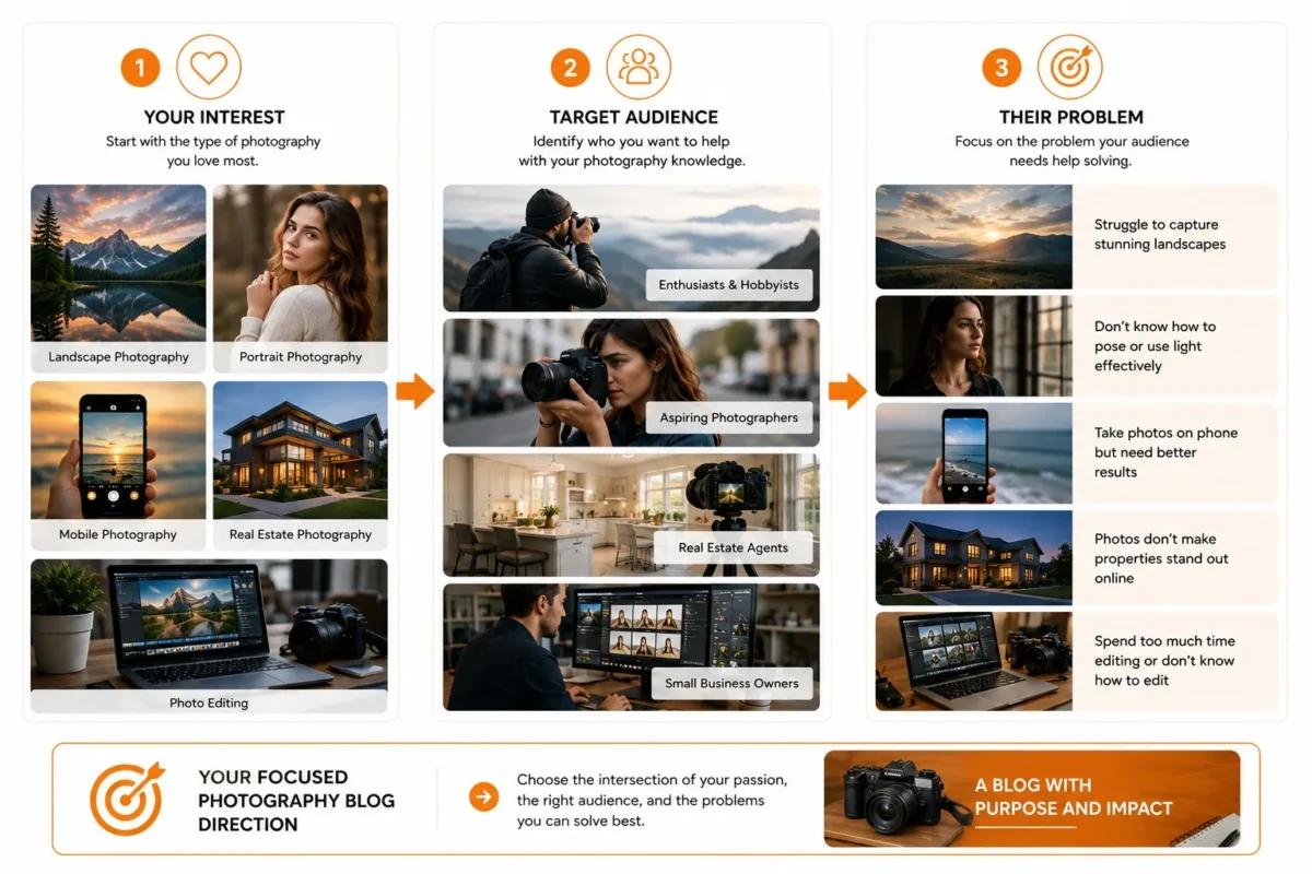How to Start a Photography Blog - infographic showing how to choose a focused photography blog niche by interest, target audience, and problems