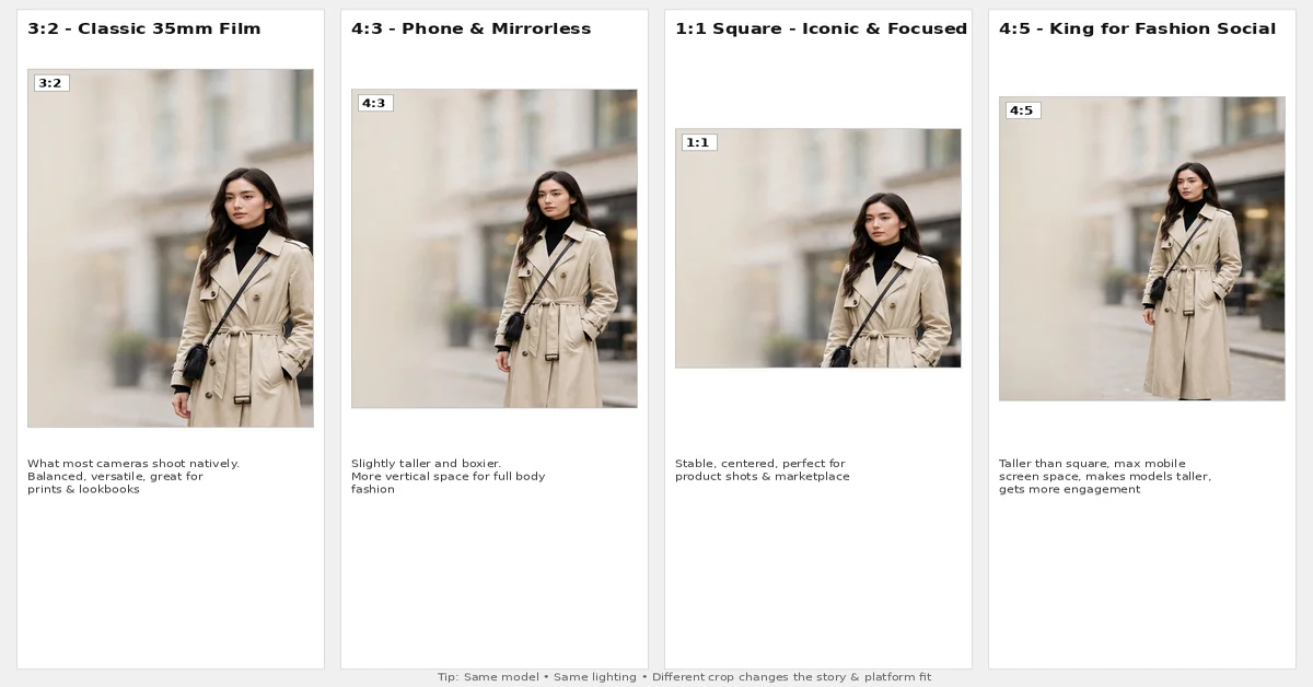 Four-panel comparison of aspect ratios 3:2, 4:3, 1:1 and 4:5 with same model in trench coat showing framing and proportion in photography