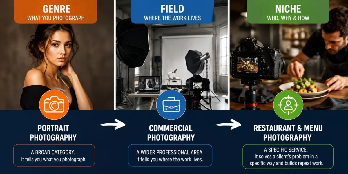 Infographic explaining Photography Niches - Genre vs Field vs Niche with portrait, commercial, and restaurant photography examples