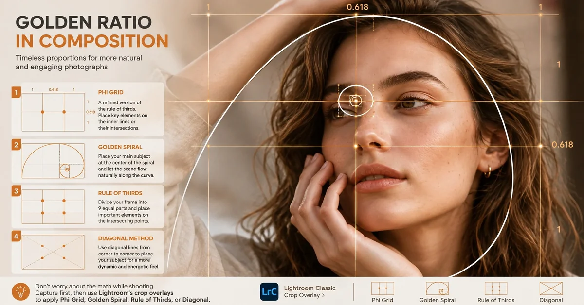 Infographic explaining golden ratio in composition with phi grid, golden spiral, rule of thirds and diagonal method overlay on portrait for proportion in photography