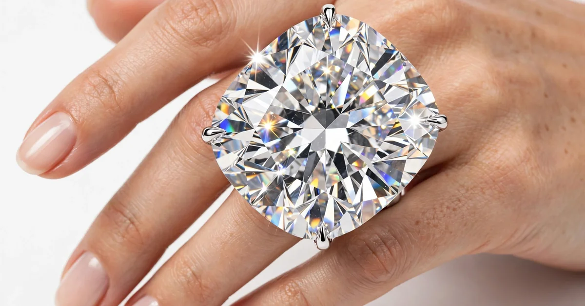 Close-up of hand with oversized giant diamond ring showing hierarchical proportion in photography