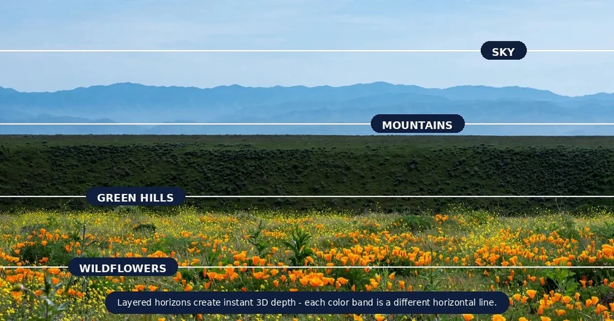 Layered landscape showing types of horizontal lines in photography with sky, mountains, green hills and wildflowers