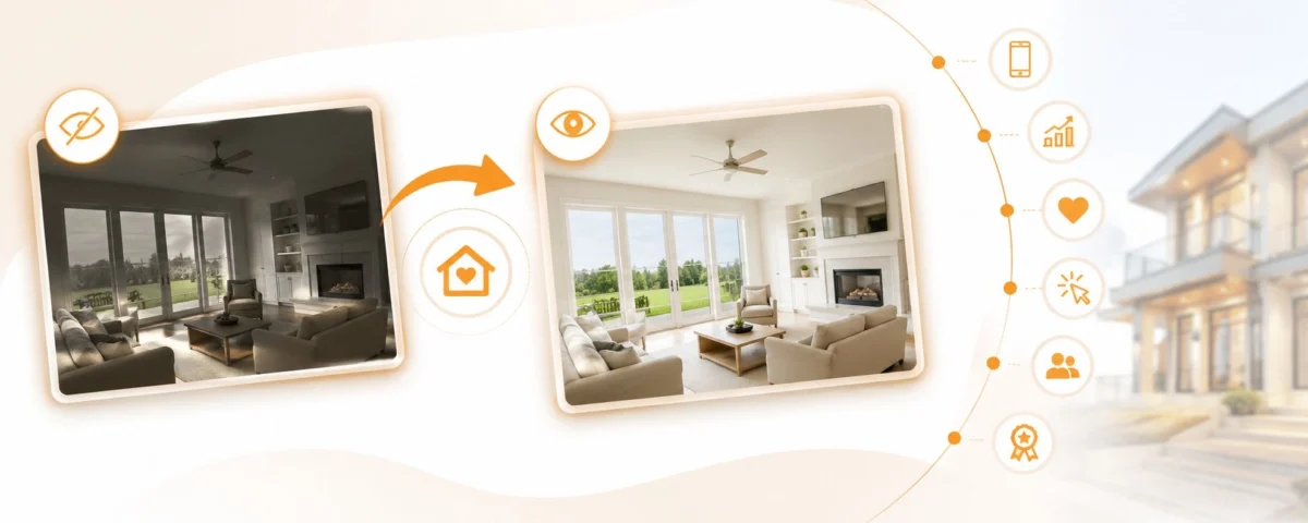 Before and after Photo Editing for Realtors - dark living room transformed to bright HDR interior