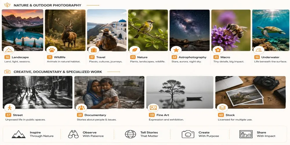 Nature & Outdoor Photography infographic showing 11 Photography Niches - landscape, wildlife, travel, nature, astrophotography, macro, underwater, street, documentary, fine art and stock photography