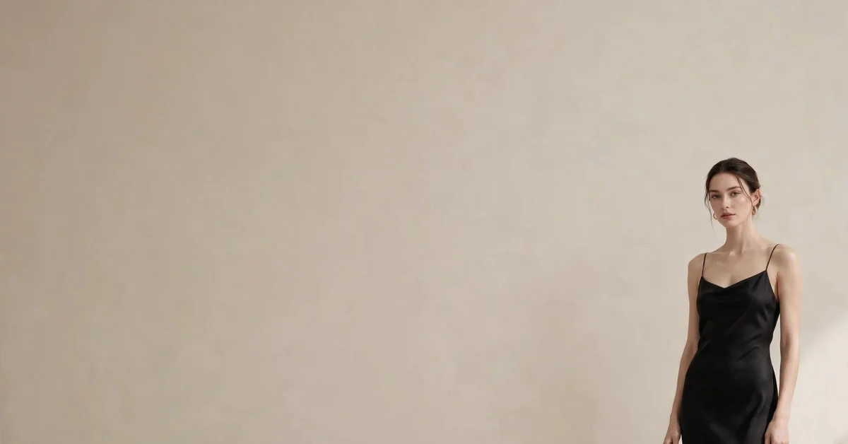 Woman in black slip dress with large empty beige wall showing negative space proportion in photography
