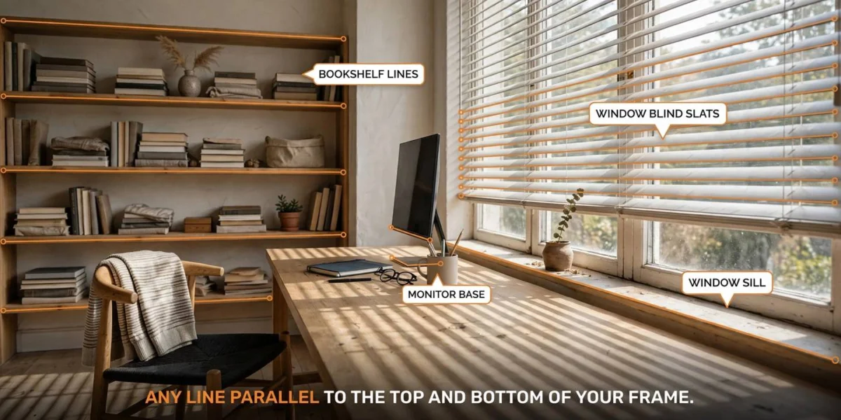 Home office interior showing horizontal lines in photography created by bookshelves, desk, and window blinds