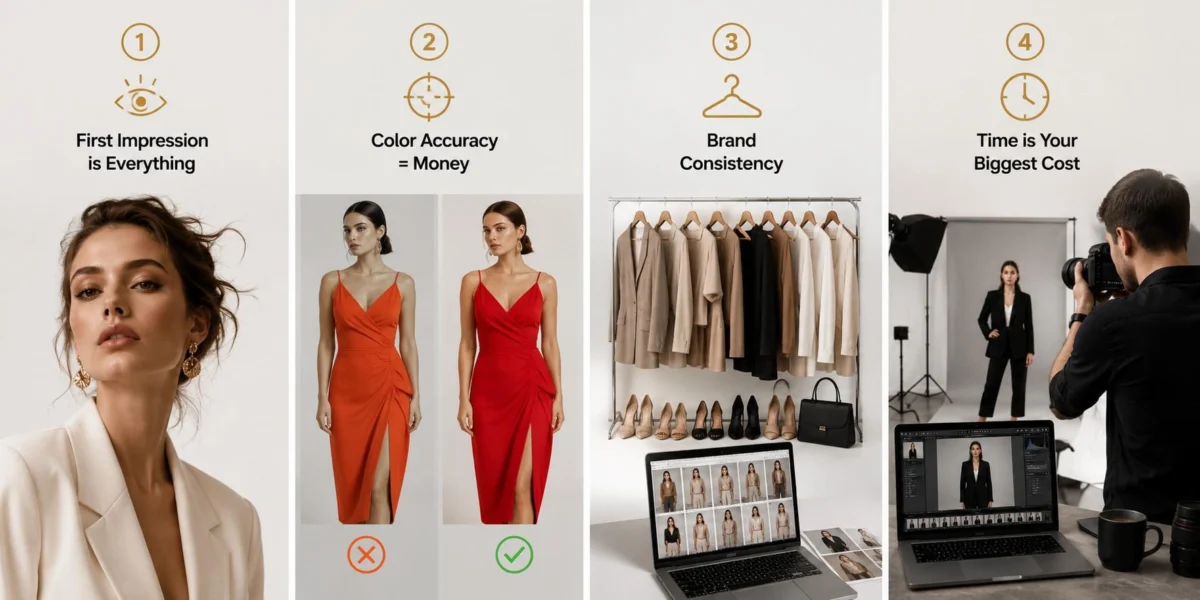 Infographic showing Why Your Brand Cannot Survive Without Fashion Photography Retouching - first impression, color accuracy, brand consistency, time cost