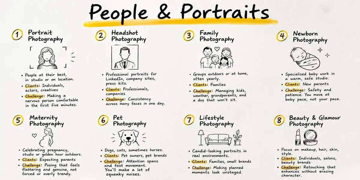 People & Portraits infographic showing 8 Photography Niches - portrait, headshot, family, newborn, maternity, pet, lifestyle and beauty photography