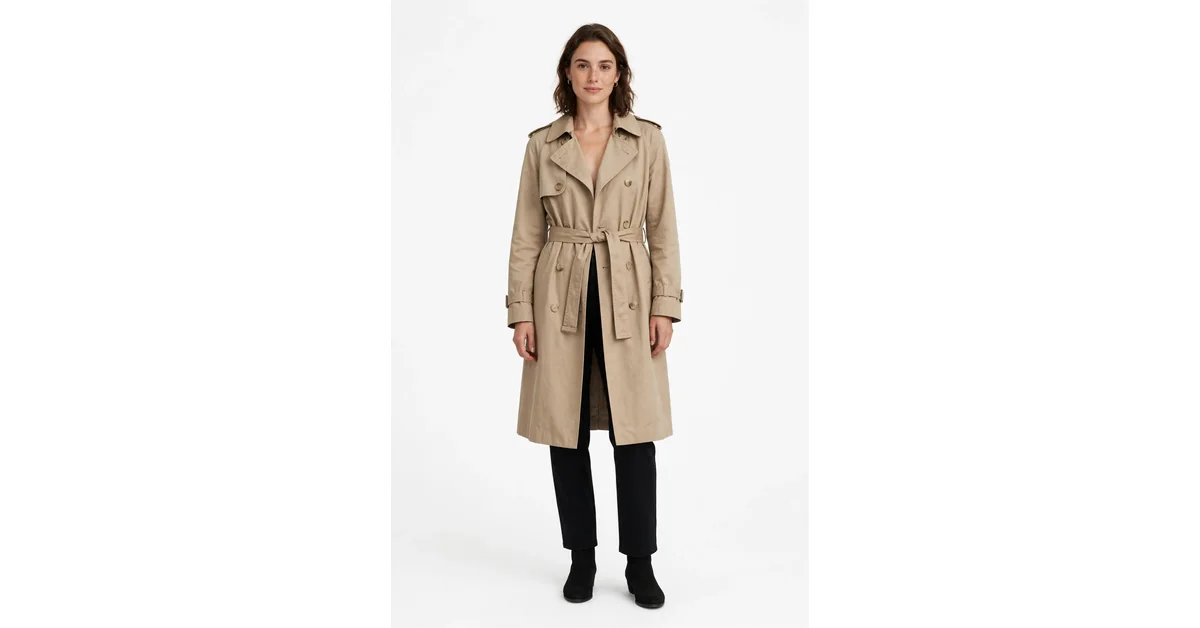 Woman in beige trench coat and black pants on white background showing perfect or standard proportion in photography