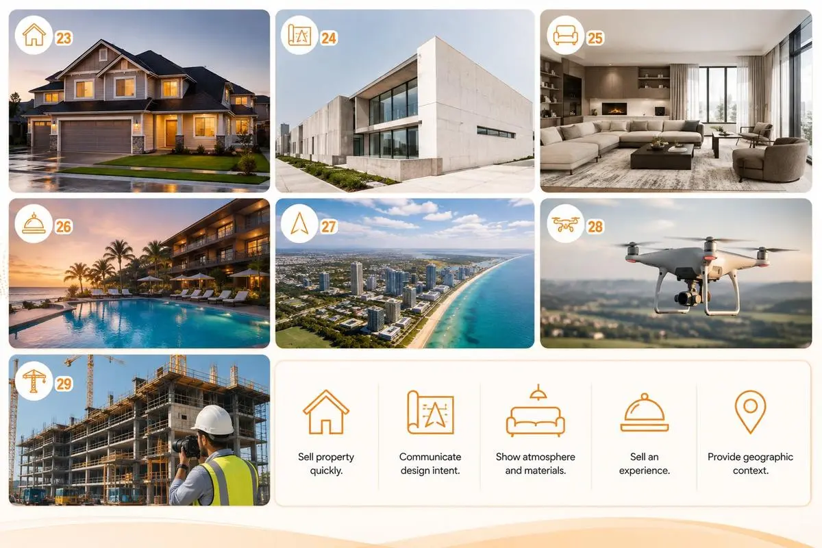 Property, Architecture & Space infographic showing 7 Photography Niches - real estate, architecture, interior, hospitality, aerial, drone and construction photography