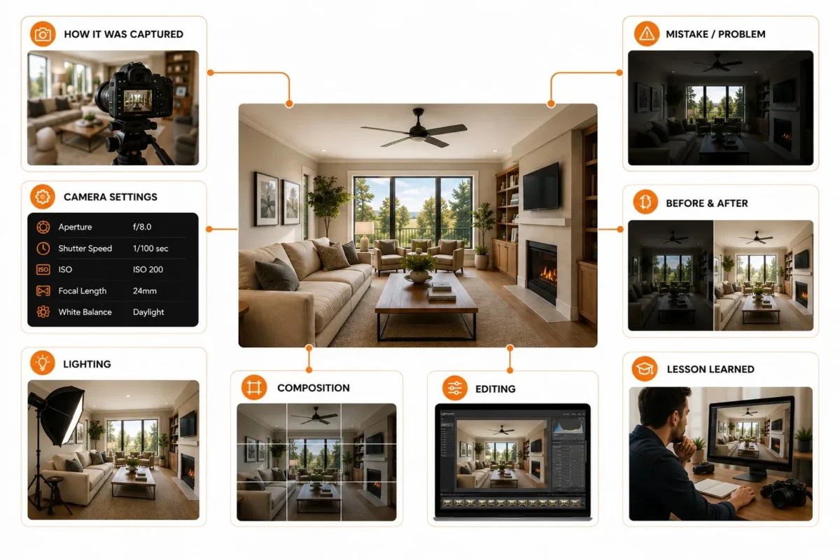How to Start a Photography Blog - infographic showing how to turn a real estate photo into blog content with camera settings, lighting, and editing