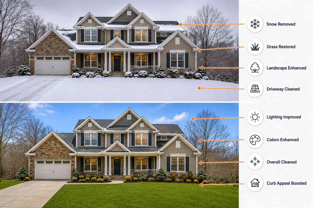 Professional Snow Removal Workflow using Snow Removal Real Estate Photo Editing - snow removed, grass restored, and curb appeal boosted