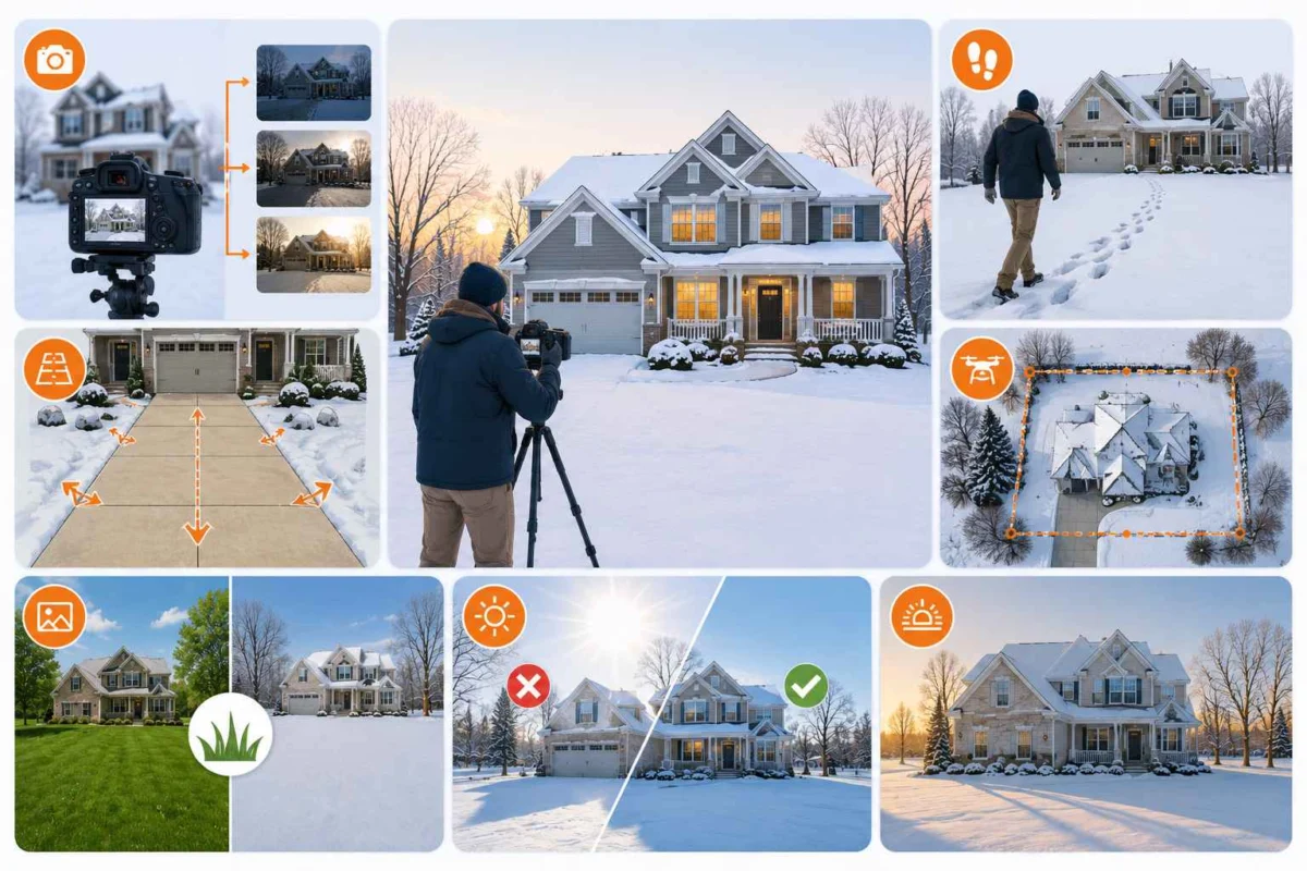 Collage of Real Estate Photographer Tips for Winter showing bracketing, lighting, and Snow Removal Real Estate Photo Editing workflow