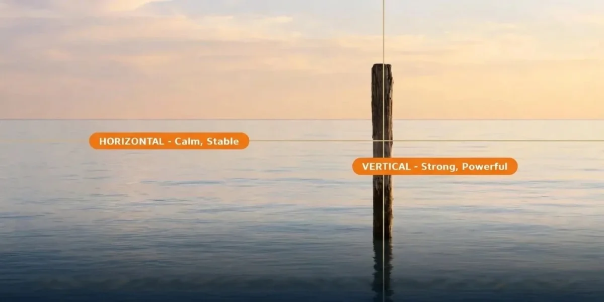 Ocean horizon showing horizontal vs vertical lines in photography - calm stable horizontal line and strong powerful vertical post