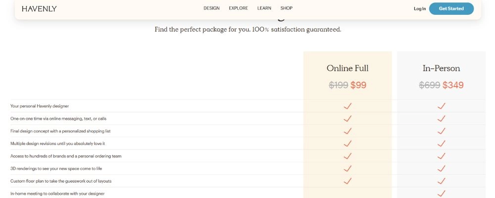 Havenly Reviews pricing table showing Online Full $99 and In-Person $349 packages