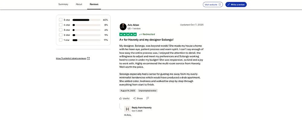 Havenly Reviews on Trustpilot showing 5-star ratings and customer review for designer Solongo