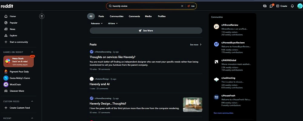 Havenly Reviews on Reddit showing real user posts about Havenly interior design services