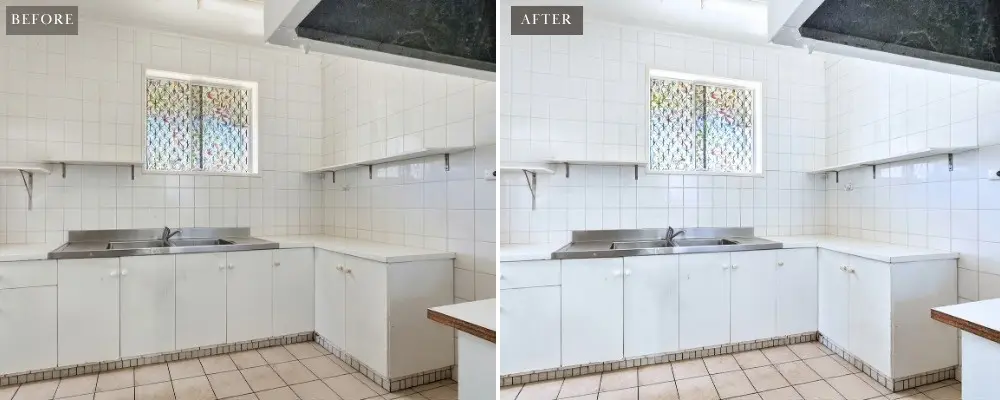 Best Real Estate Photographers fix - kitchen before yellow white vs after pure white same white in all rooms