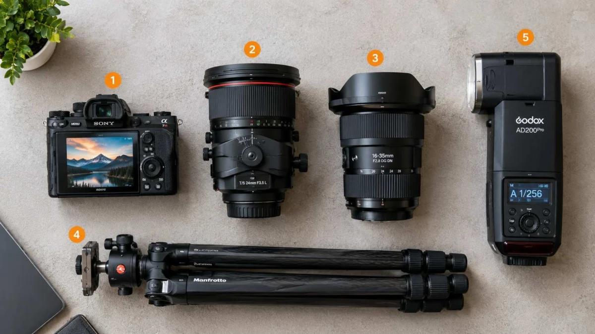 Interior Design Photography essential gear flat lay with camera, tilt-shift lens, wide-angle lens, tripod and flash