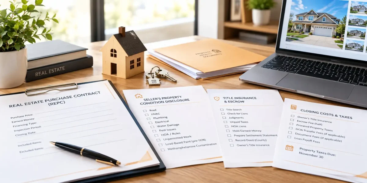 Utah home sale legal documents REPC, disclosure and closing costs on desk