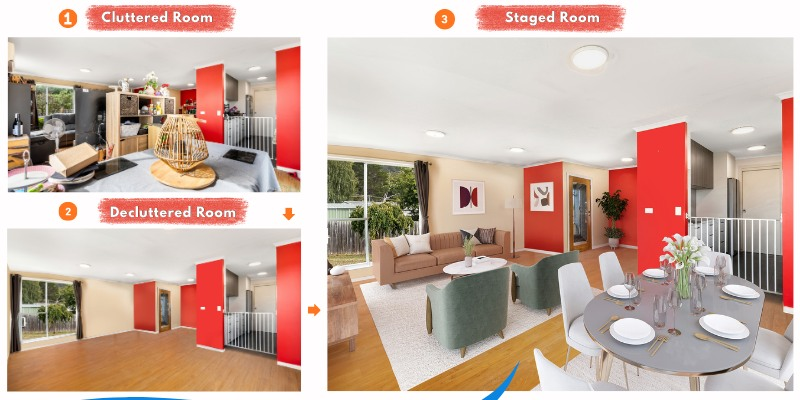 Virtual Staging Software transformation showing why staging still matters - cluttered room to decluttered room to staged living and dining room