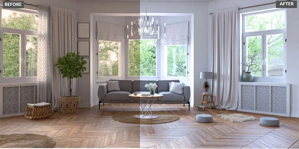 Interior Design Photography before and after comparison of living room transformationInterior Design Photography before and after showing living room edited from dark to bright and airy.