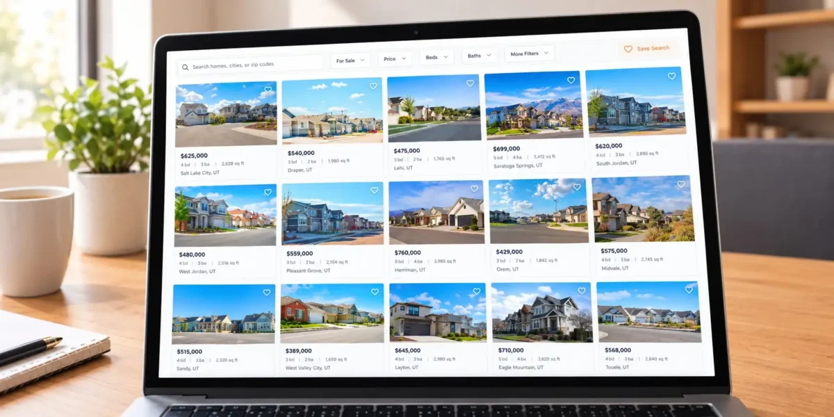 Laptop screen showing real estate listings of Utah houses for sale with prices in Salt Lake City, Draper and Lehi