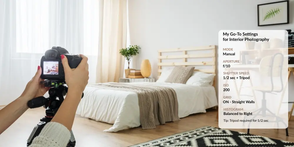 Interior Design Photography camera settings with photographer shooting bright bedroom on tripod