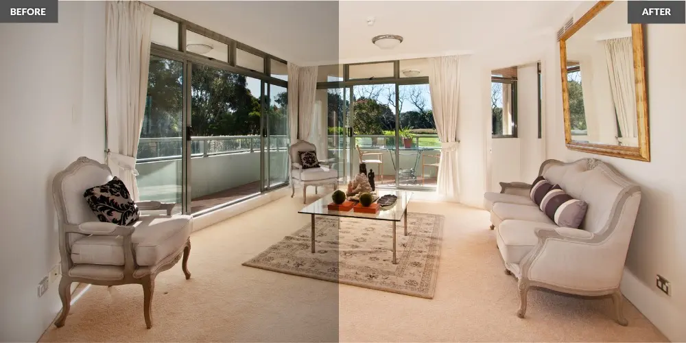 Interior Design Photography before and after showing bright airy living room lighting