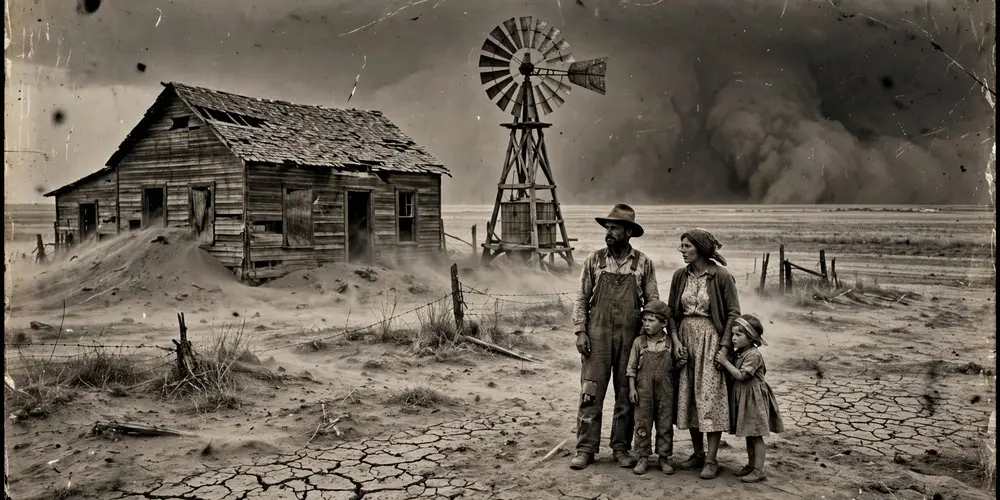 A farm family facing a dust storm in front of an abandoned house during the 1930s Dust Bowl, historic example of Realism in Photography