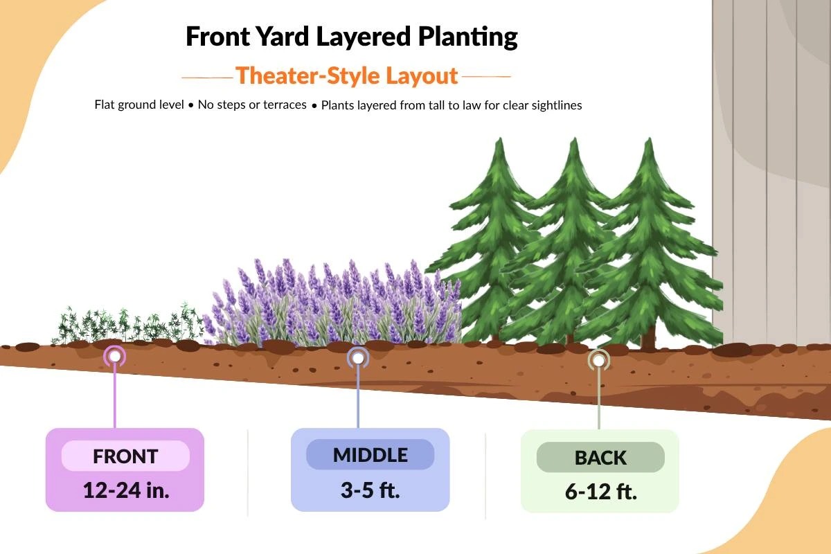 Front yard layered planting theater-style layout with front, middle, back heights for landscape curb appeal