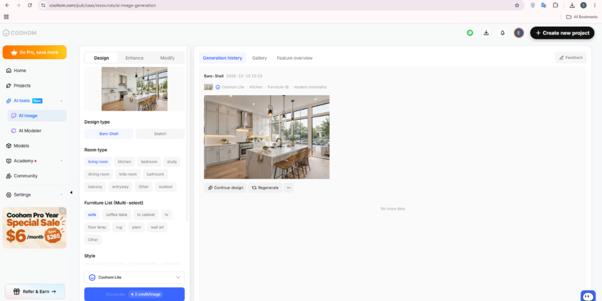 Coohom AI kitchen generator showing bare-shell to modern minimalist kitchen design in generation history