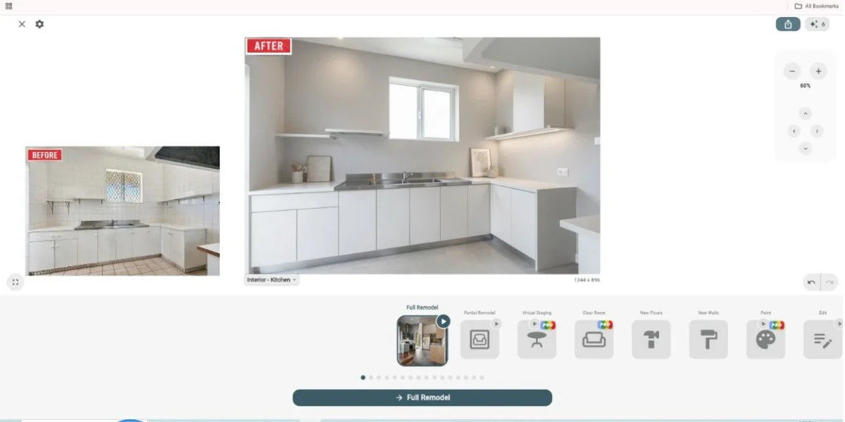 AI kitchen before and after - outdated tiled kitchen transformed to modern white minimalist kitchen using Remodel AI