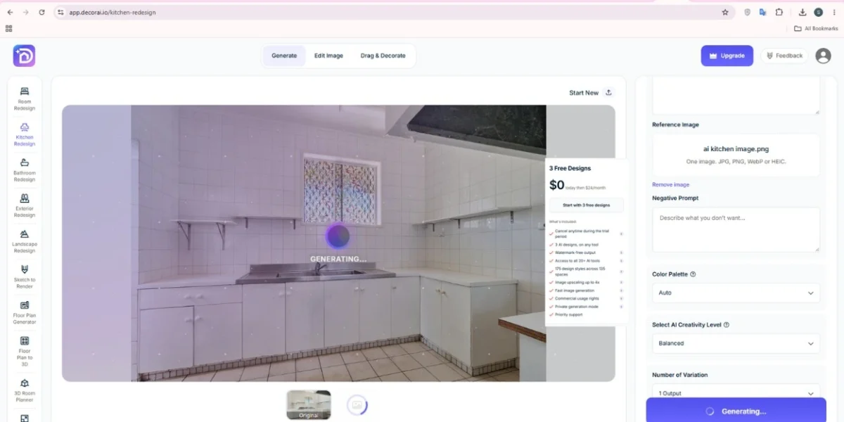 DecorAI AI kitchen redesign tool generating new design from reference kitchen image