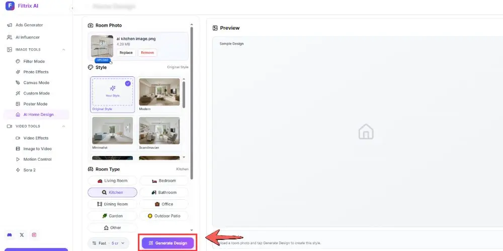 AI kitchen design tool interface showing how to upload kitchen photo, select style, and generate new design