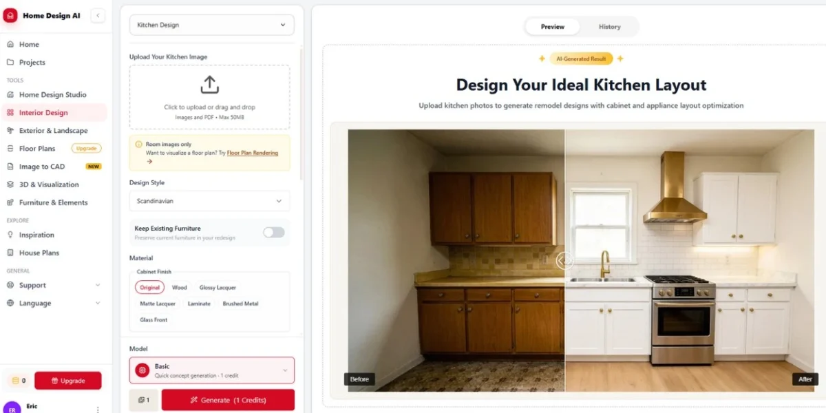AI kitchen remodel on Home-Design.ai showing before and after - dark wood kitchen transformed to modern white Scandinavian design