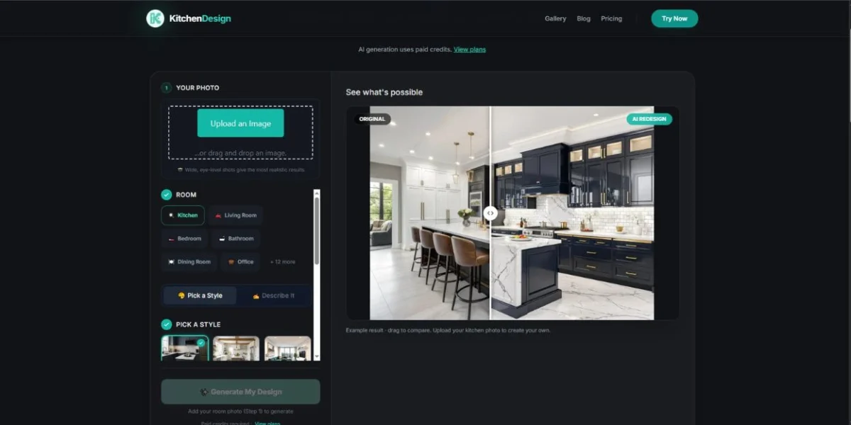 KitchenDesign.io AI kitchen tool showing original white kitchen vs AI redesign with navy blue cabinets