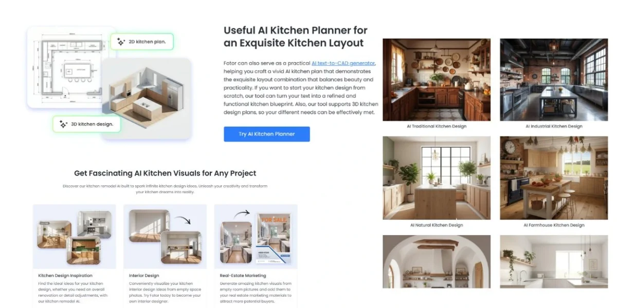 Fotor AI kitchen planner showing 2D kitchen plan, 3D design, and AI traditional, industrial, natural, farmhouse styles